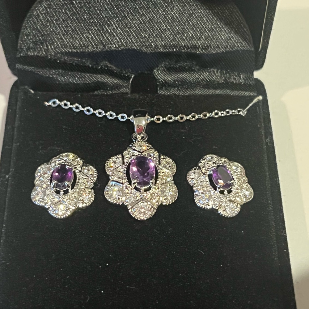 Sterling silver purple gem necklace and earrings set